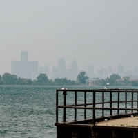 Hazy skies above Detroit as wildfire smoke blows in from Canada on July 18, 2023. Photo by Nick Hagen.